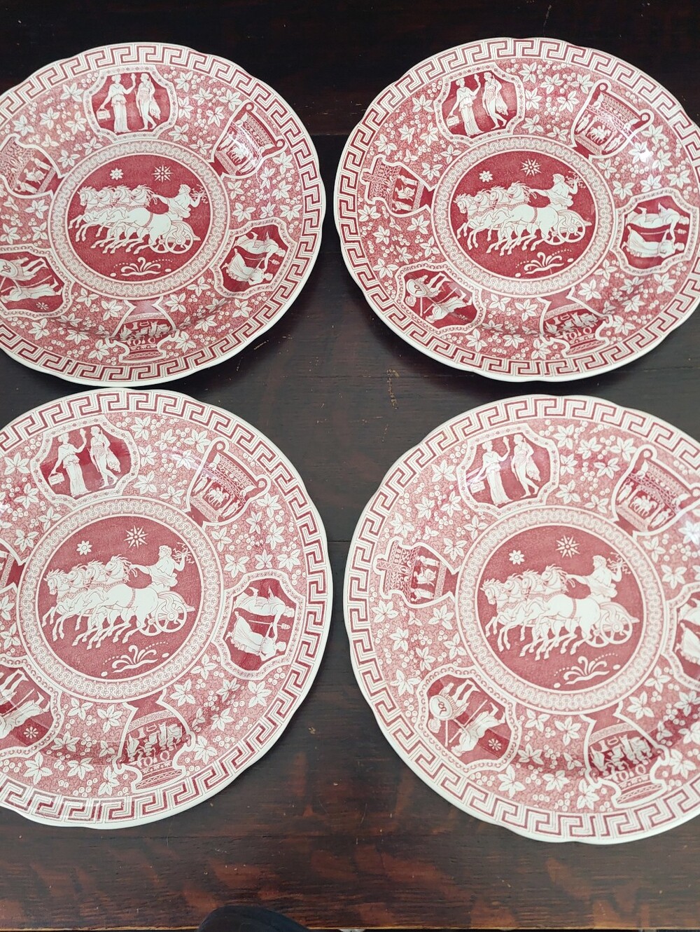 Vintage Spode Greek Red Dinner Plates Cranberry Transferware Set of 4 10.5"